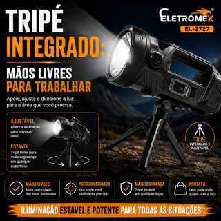 Lanterna LED Recarregável 15W com Tripé Alça USB 4 Modos SOS Camping Eletromex EL-2727