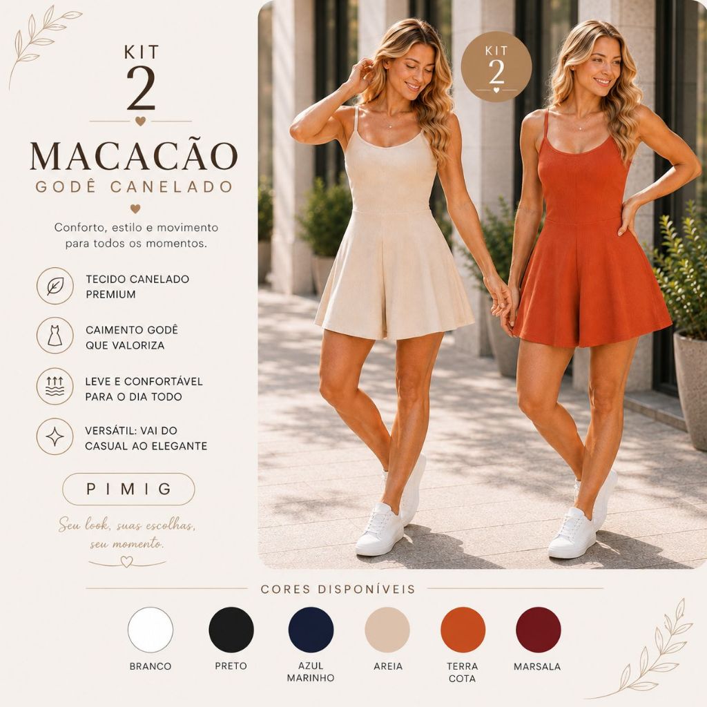 Kit 2 Macacão Macaquito Canelado Godê Feminino Alça Fina Elegante Confortável Moda Casual Dia a Dia