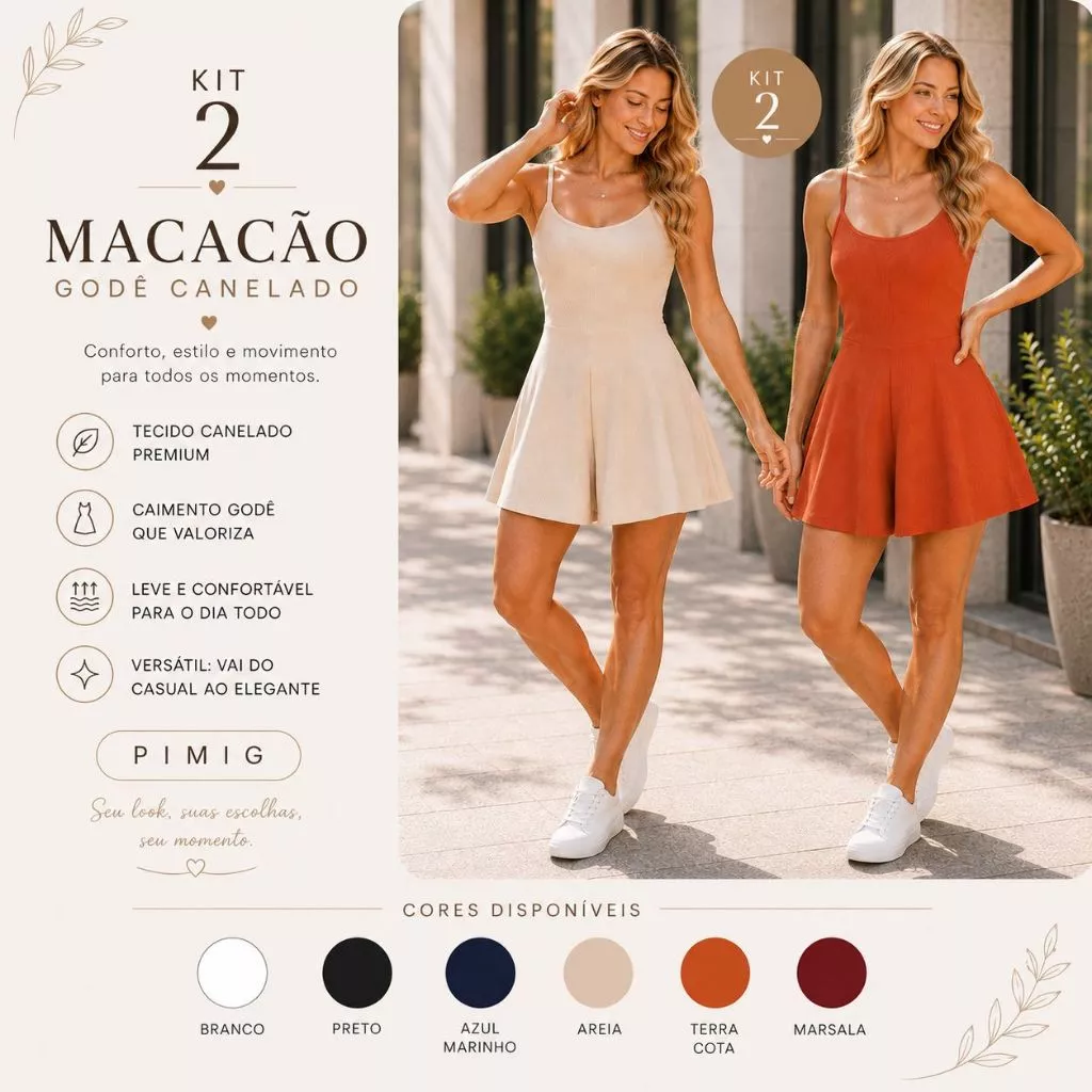 Kit 2 Macacão Macaquito Canelado Godê Feminino Alça Fina Elegante Confortável Moda Casual Dia a Dia — imagem 1
