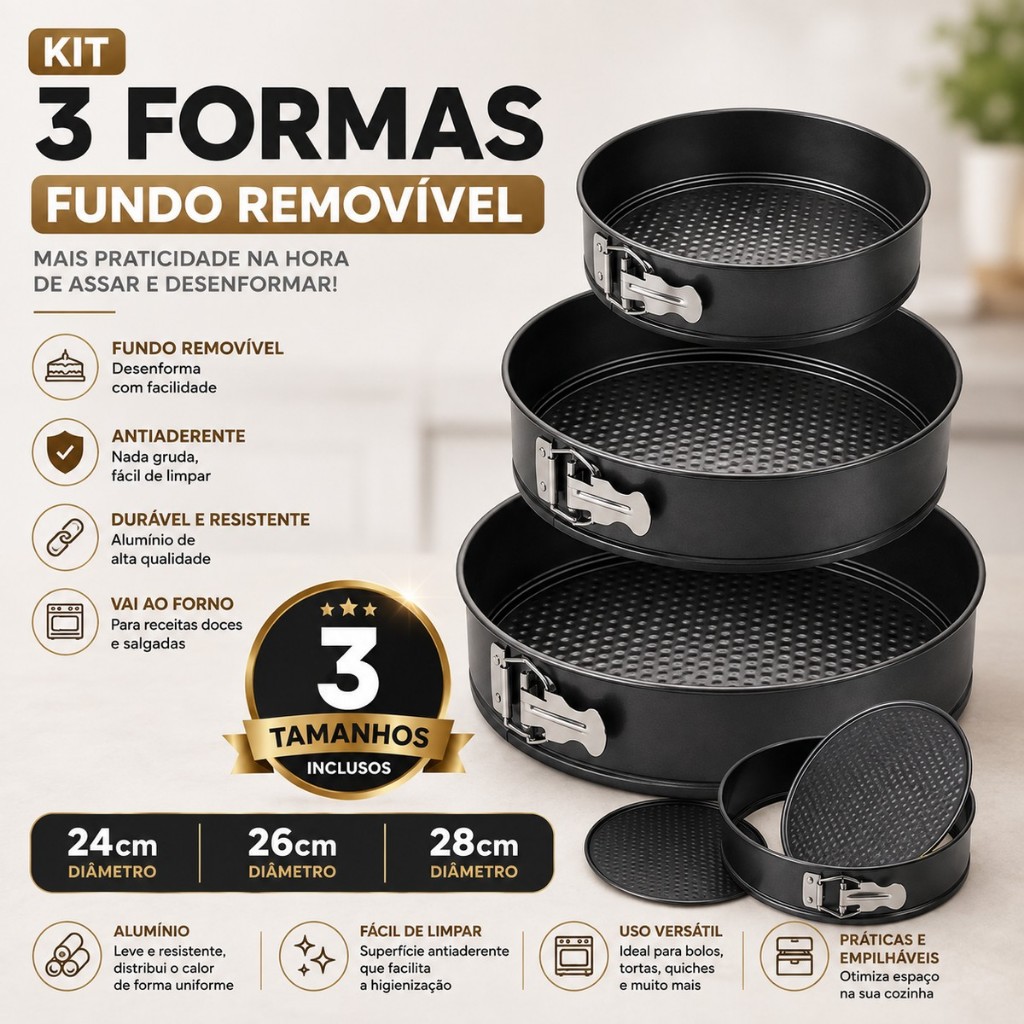 Kit 3 Forma Redonda Prática Fundo Removível Antiaderente Teflon Bolo  Confeitaria  Cozinha Assadeira