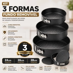 Kit 3 Forma Redonda Prática Fundo Removível Antiaderente Teflon Bolo Confeitaria Cozinha Assadeira