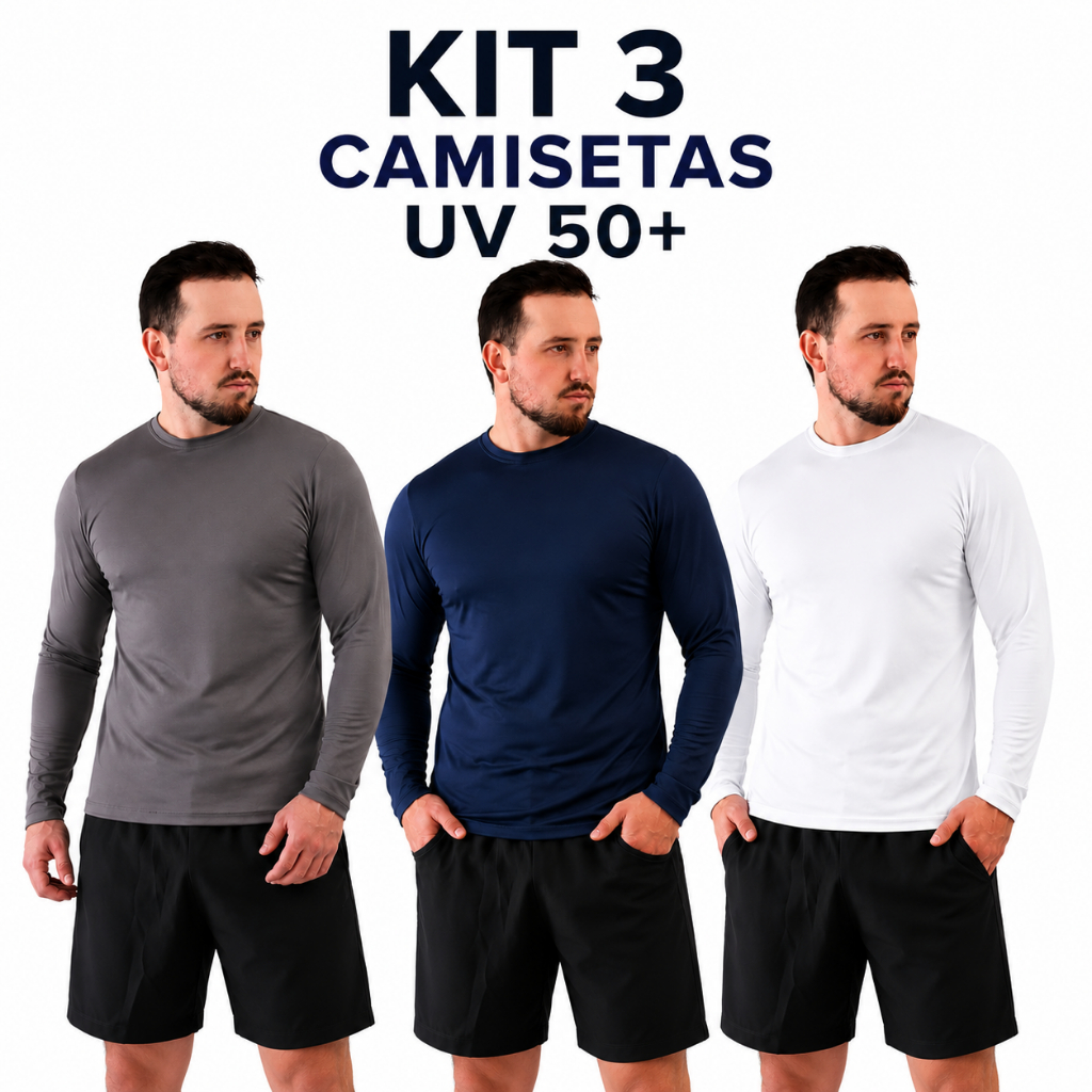 Kit 3 Camisetas Básicas Segunda Pele Masculina Proteção Uv Manga Longa Corrida Blusa Lisa Academia