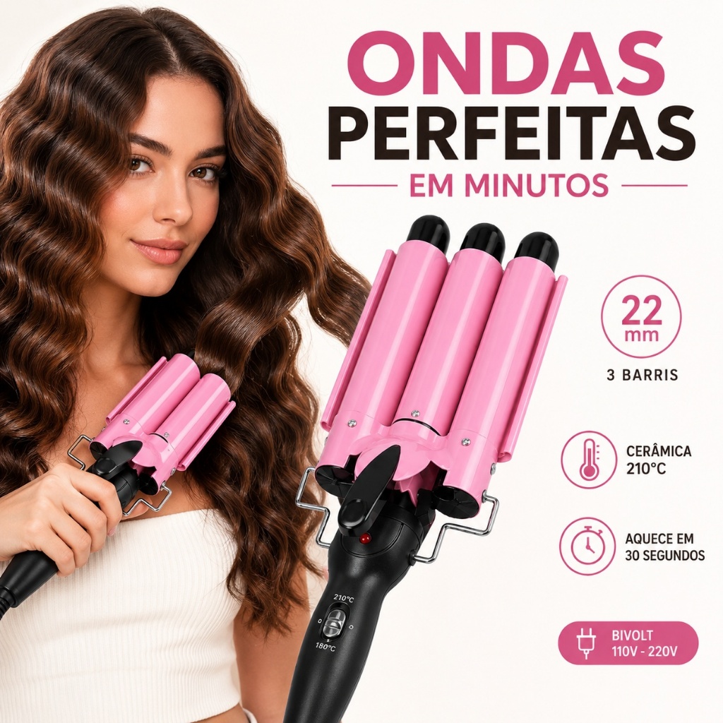 Modelador de Cabelo Triondas 22mm 3 Ondas, Ondulador de Cachos Cerâmica com Aquecimento Rápido 200°C