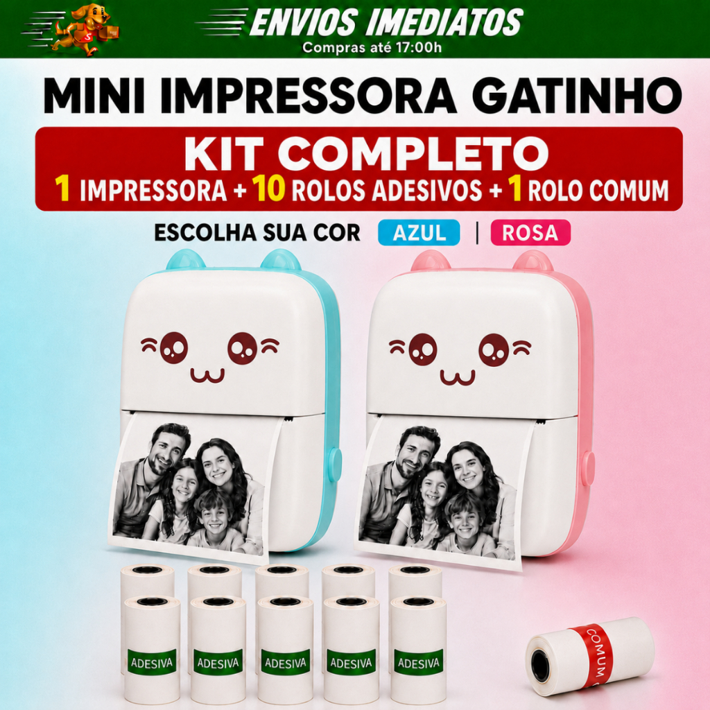 Mini Impressora Portátil sem fio Bluetooth Gatinho Fun Print +10 Rolos Bobina Adesiva AutoColante 1 comum Termico Fotos
