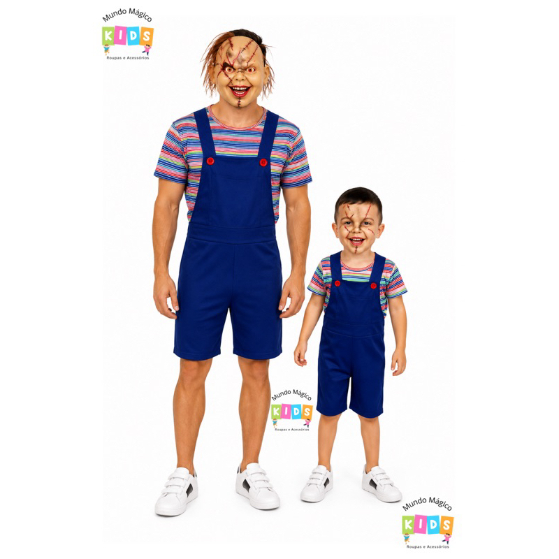 Fantasia Chucky Infantil e Adulto – Camiseta Listrada e Jardineira Azul com Shorts Halloween