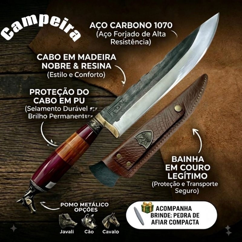 Campeira aço 1070 carbono pomo metal