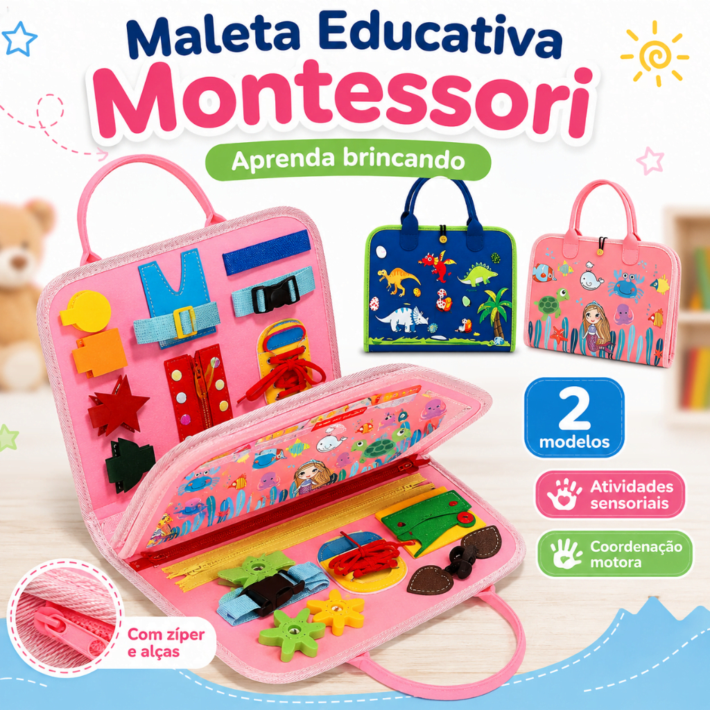 Maleta Educativa Montessori Infantil Sensorial Atividades Coordenação Motora Menino e Menina