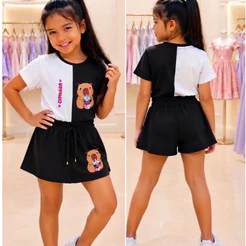 Conjunto Infantil Menina Capivara Blusa + Short Saia 4 ao 12 anos
