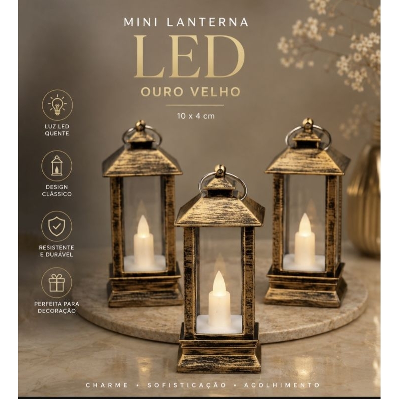 Mini Lampião Lanterna LED Ouro Velho 10x4cm Luminária Decorativa Retrô, festa, casamentos, natal