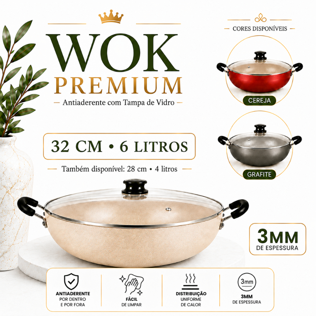 Imagem Panela Grande Frigideira Wok N°28/32 Antiaderente Profissional Alumbella Tampa Vidro