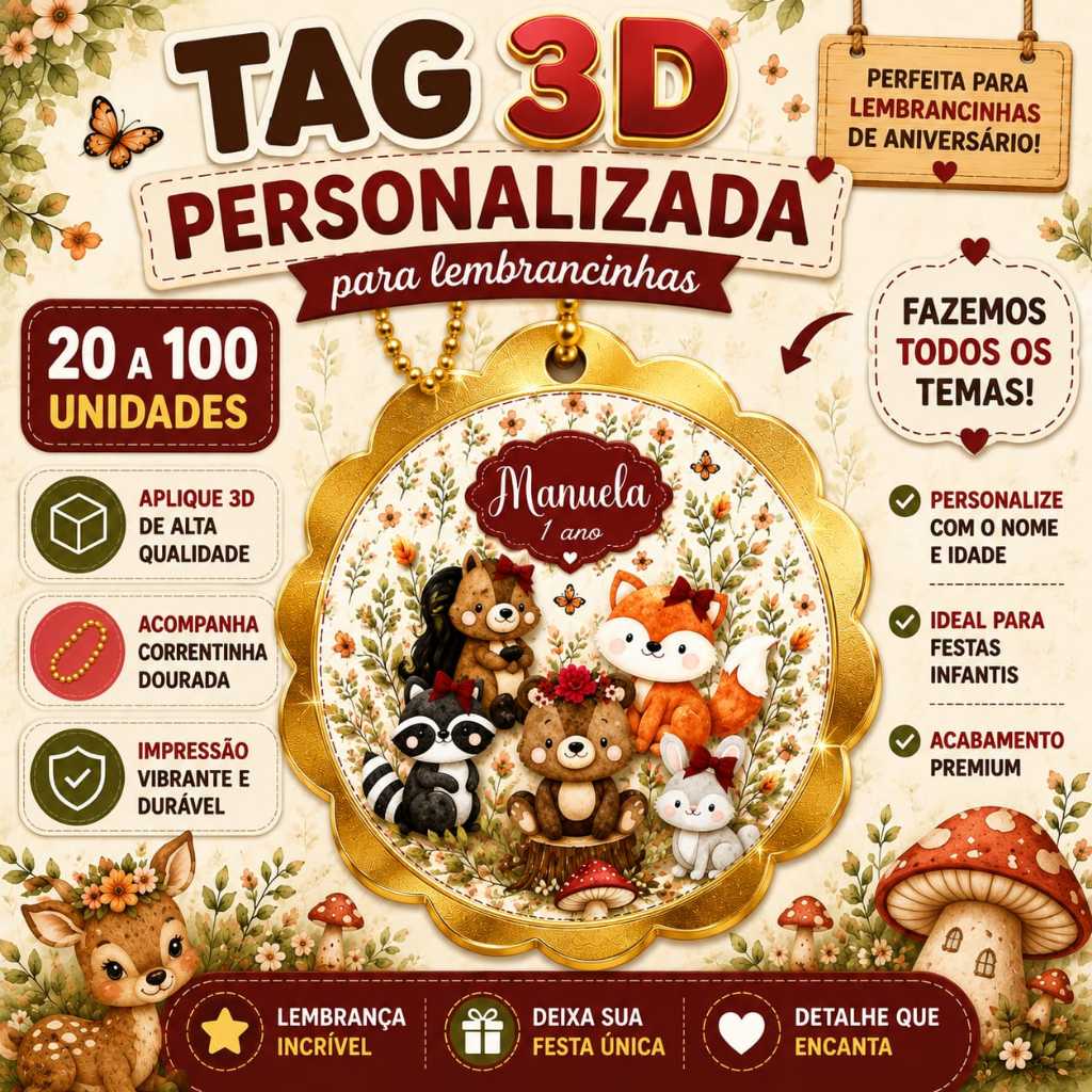 Tag aplique 3D Personalizada Bosque Encantado com Nome e Idade | Lembrancinha Festa Infantil | Acompanha correntinha