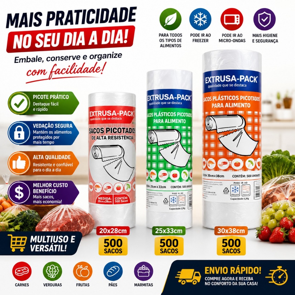 Bobina picotada 500 sacos plásticos saquinhos Super mercado para alimentos freezer microondas