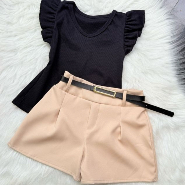 Conjunto infantil 3 peças  Blusa - short alfaiataria e cinto infantil menina / moda verão infantil menina