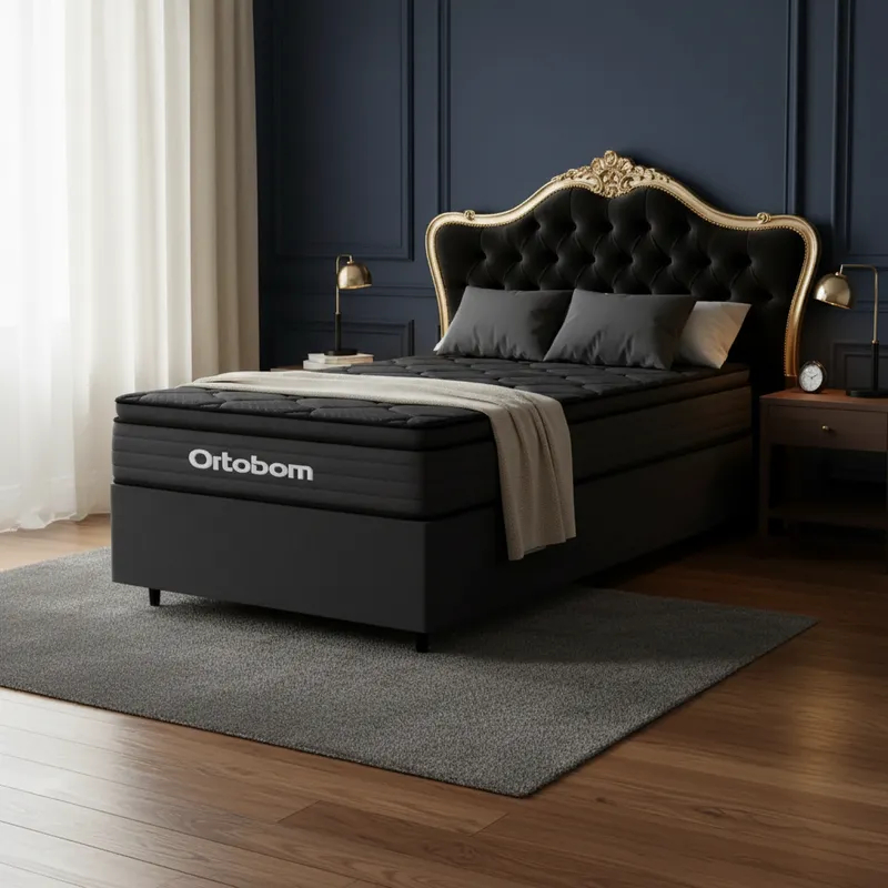 Cama Box com Colchão Ortobom de Espuma Pillow Top Confort Black Solteiro 88cm
