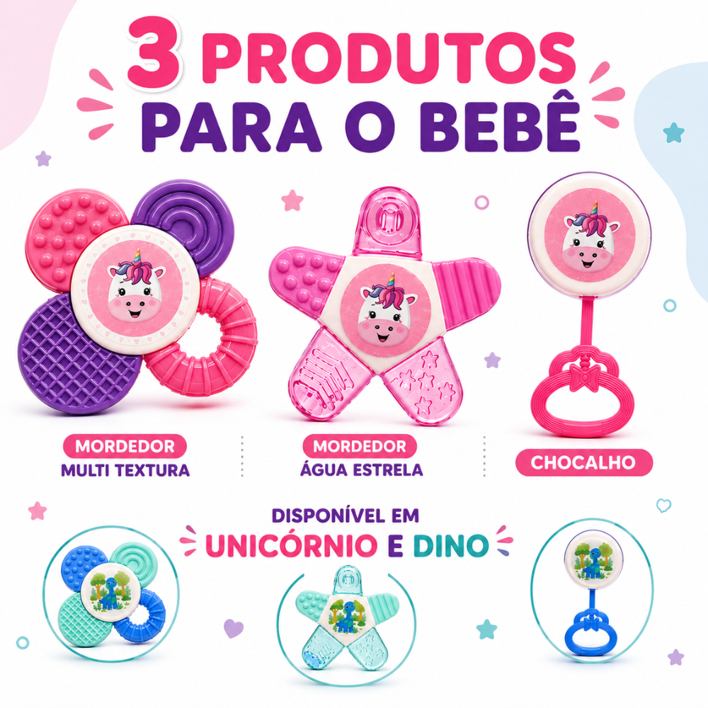 Kit Mordedores Bebê Sensorial com Chocalho Texturas Unicórnio Dino Brinquedo Infantil +4 Meses