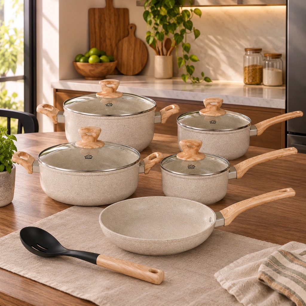 Imagem Jogo De Panelas Cerâmica Gourmet Antiaderente 6 Peças Indução Fogão Gas vidroceramico Soft Touch Tampa Vidro Premium