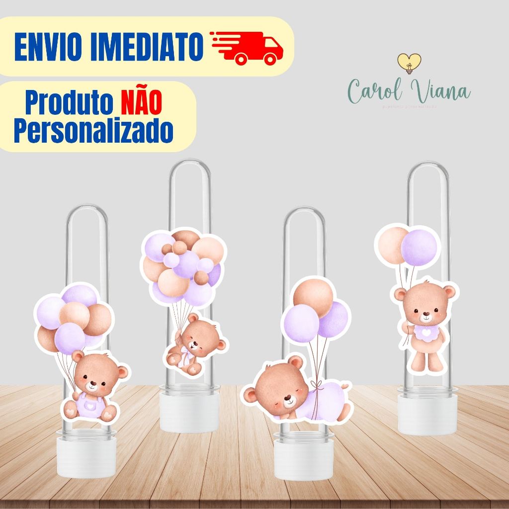 Aplique de Tubete Chá de Bebê Ursinha Lilás | Tag Topper - Aplique para Tubete | Lembrancinhas de Festa Infantil