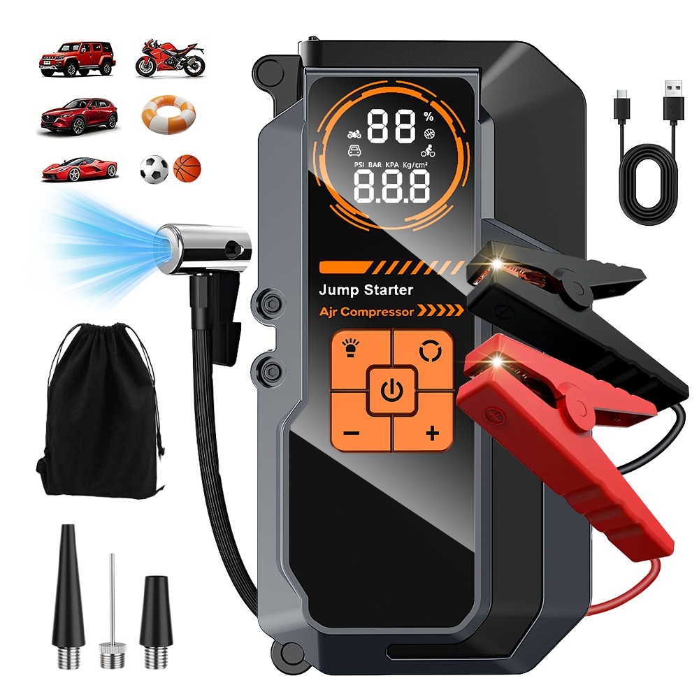 Auxiliar Partida Bateria Compressor Ar Emergência Portátil,20000mAh Auxiliar De Partida Bateria Veicular Com Power Bank