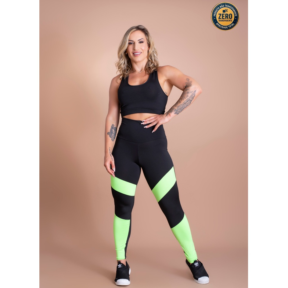 Conjunto Fitness Feminino Calça Legging Cintura Alta Recorte Perna E Top Nadador Liso Academia ZERO TRANSPARÊNCIA
