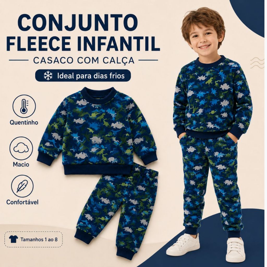 Conjunto Fleece Menino Infantil 100% Poliéster Roupa Quentinha e Confortável Pijama para Inverno