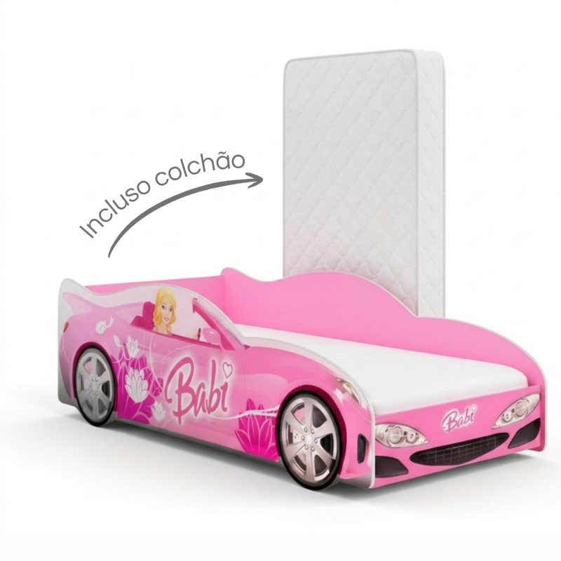 Cama Carro Mini Infantil Feminina Menina em MDF Adesivado Tematica Personagens Divertidos Colchão Incluso – AV