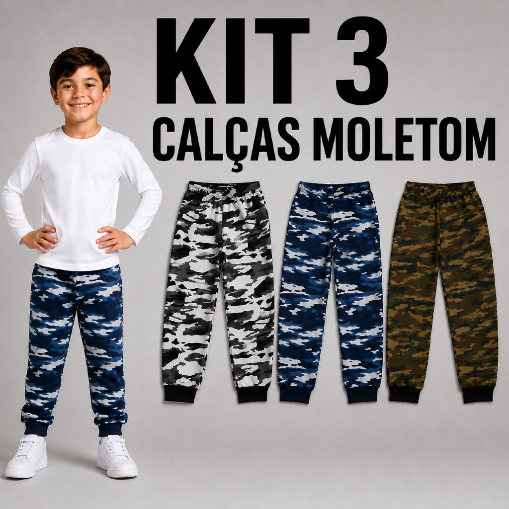 Kit 3 Calça de Moletom Infantil Camuflada Confortável Elástico na Cintura Moda Casual Dia a Dia Inverno | Tam 4 a 14 ano