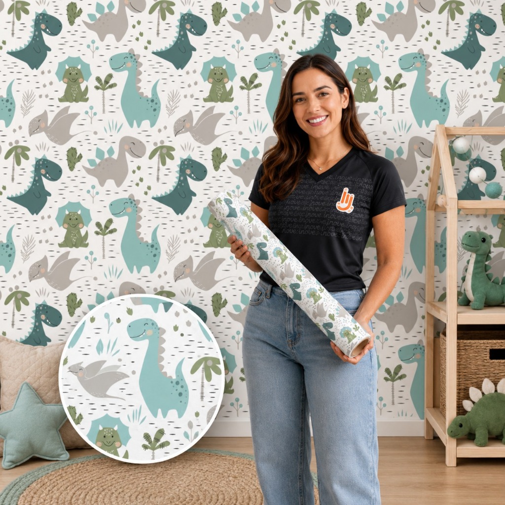 Papel de Parede Autocolante Bebê Dinossauros Amiguinhos Fofos para Quarto Infantil