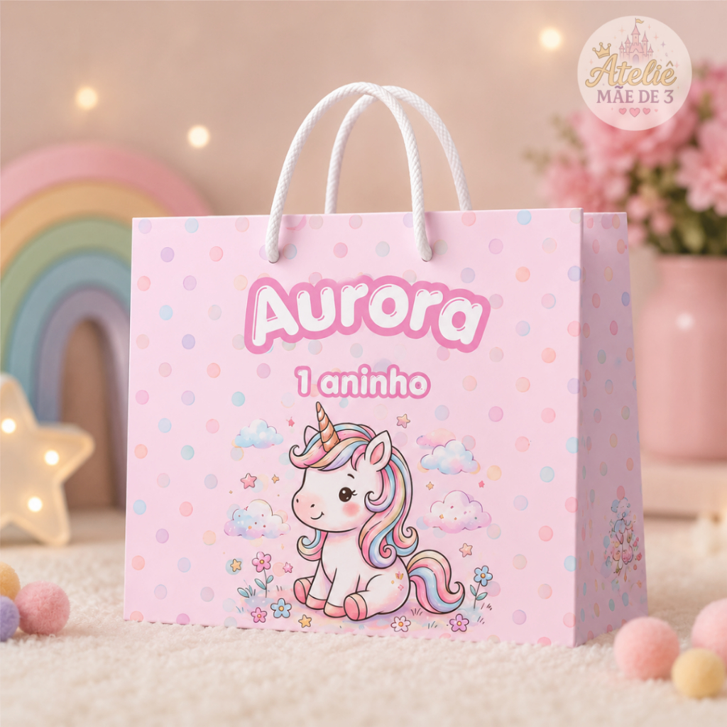 Sacolinhas Personalizadas Tema Unicórnio Mágico Lembrancinhas Festa Aniversario Infantil Menina Kit c/ 5 ou 10