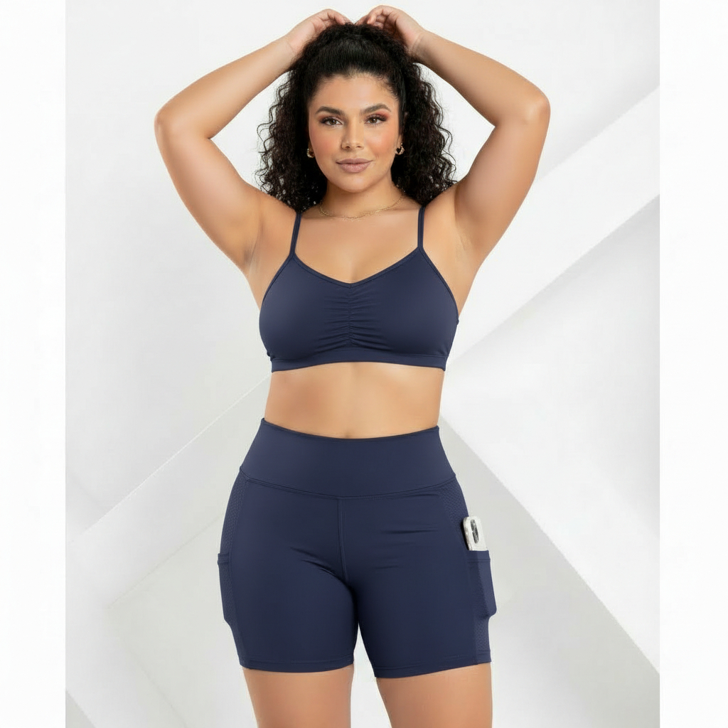 Conjunto Fitness Feminino Top Alcinha e Short Cintura Alta com Bolso Lateral Academia Treino Plus Size Transparência Zer