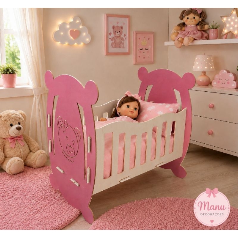 Berço para Boneca / Rosa Lilás Azul/Brinquedo de Menina /Cama para boneca/ MDF 3mm 46x40x30