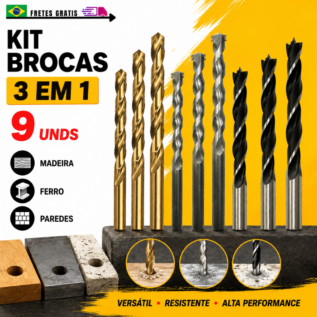 Jogo de Brocas GADAN 3 em 1 com 9 Peças para Madeira Ferro Concreto 5 6 8mm