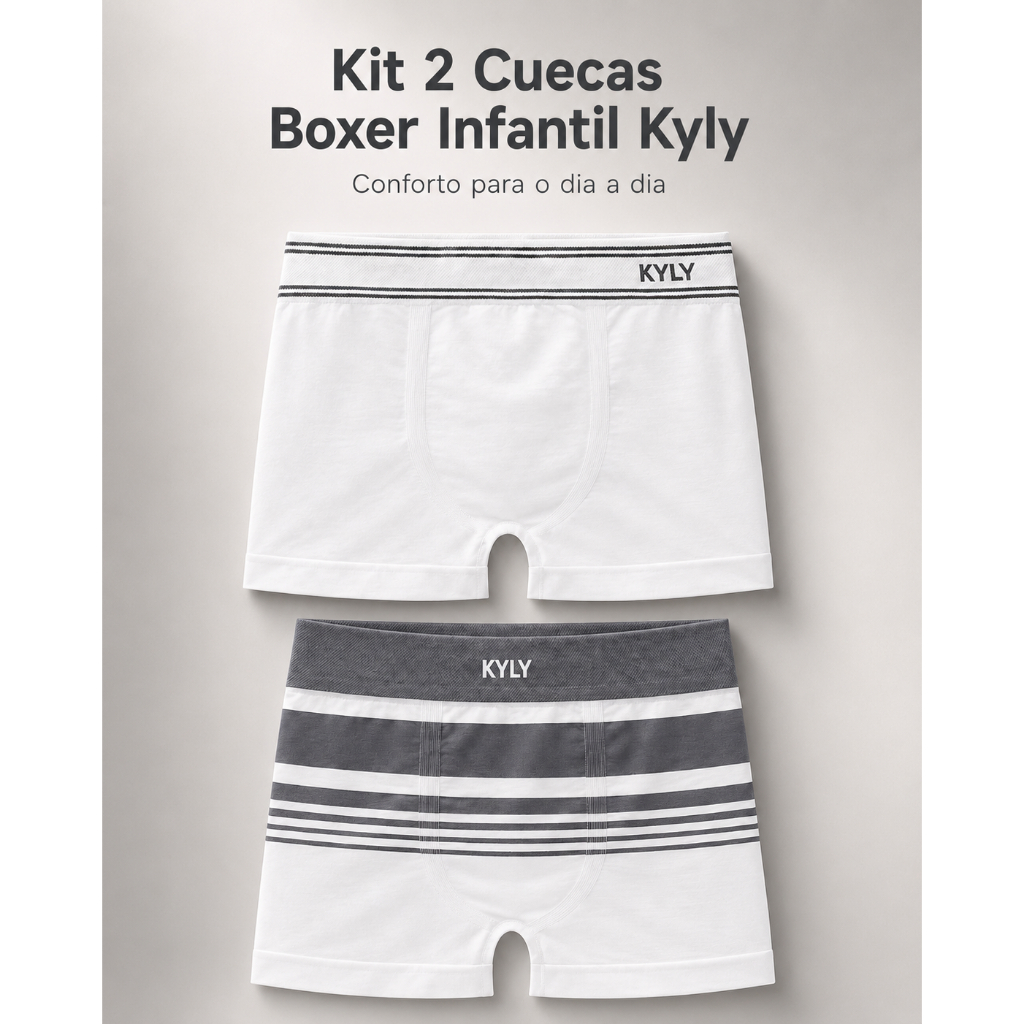 Kit Cueca Branca Infantil Boxer Sem Costura Microfibra 2 Peças Menino Confortável Kyly 1001407