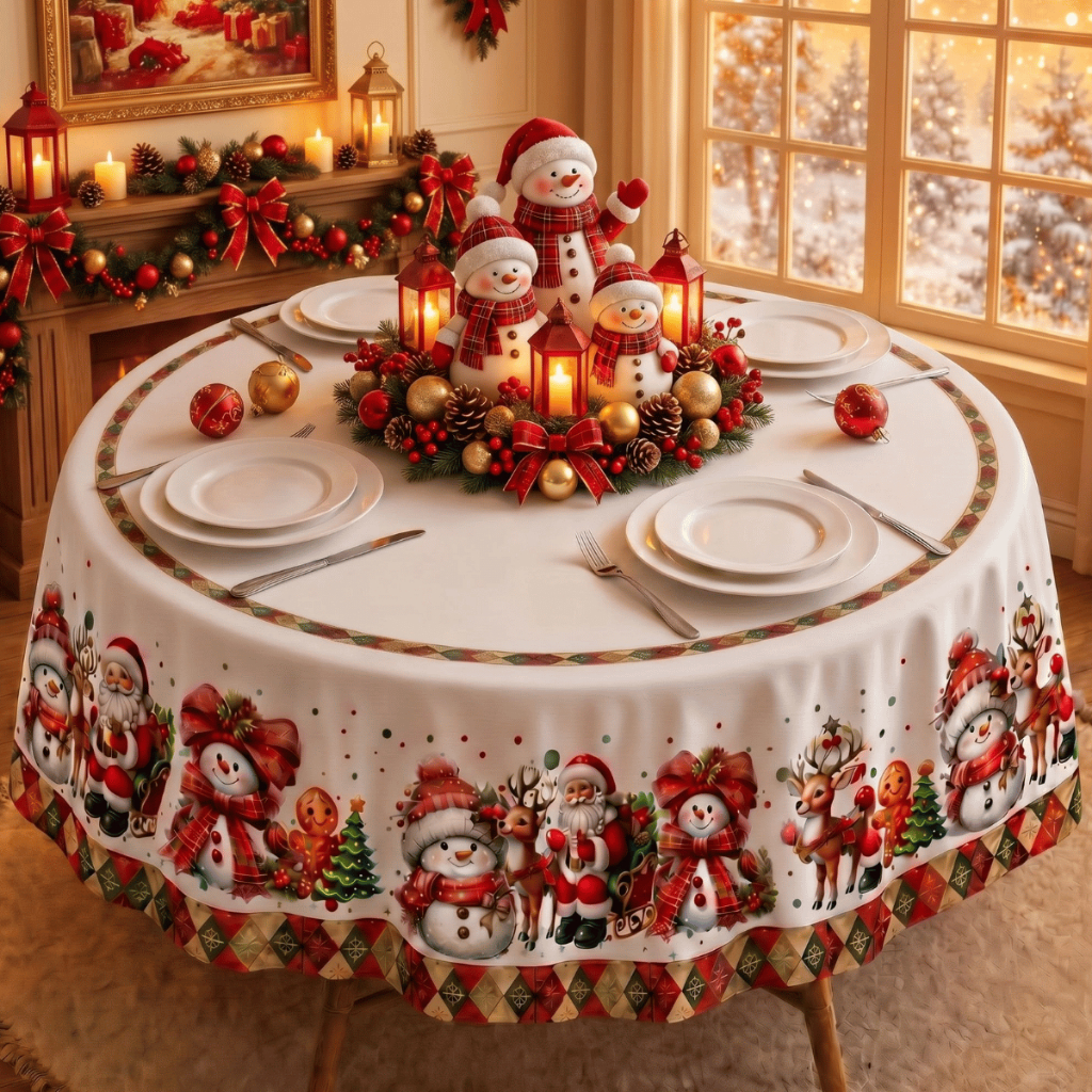Toalha de Mesa Redonda Natal 4 Lugares 150cm Estampada (Ceia, Mesa Posta, Festa, Fim de Ano)