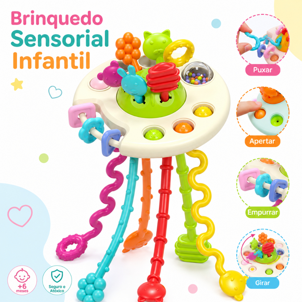 Brinquedo Sensorial Montessori para Bebê Polvo Interativo com Mordedor, Chocalho e Atividades Táteis
