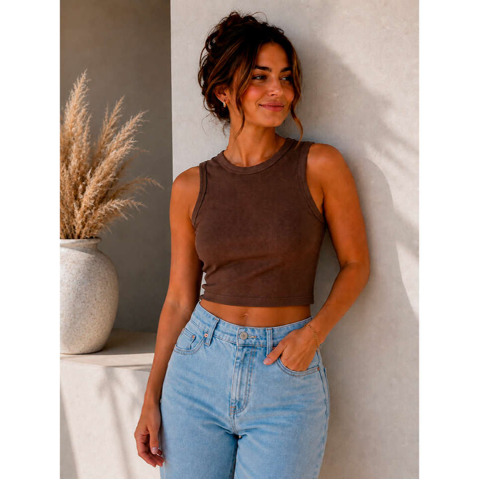 Regata Cropped Feminina Canelada com Elastano Básica Casual e Confortável Moda Verão