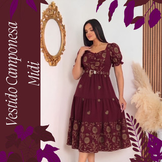 Vestido Camponesa com Botões Frontais e Cinto – Manga Curta, Ajuste com Elástico, Leve e Elegante|Único 42-44