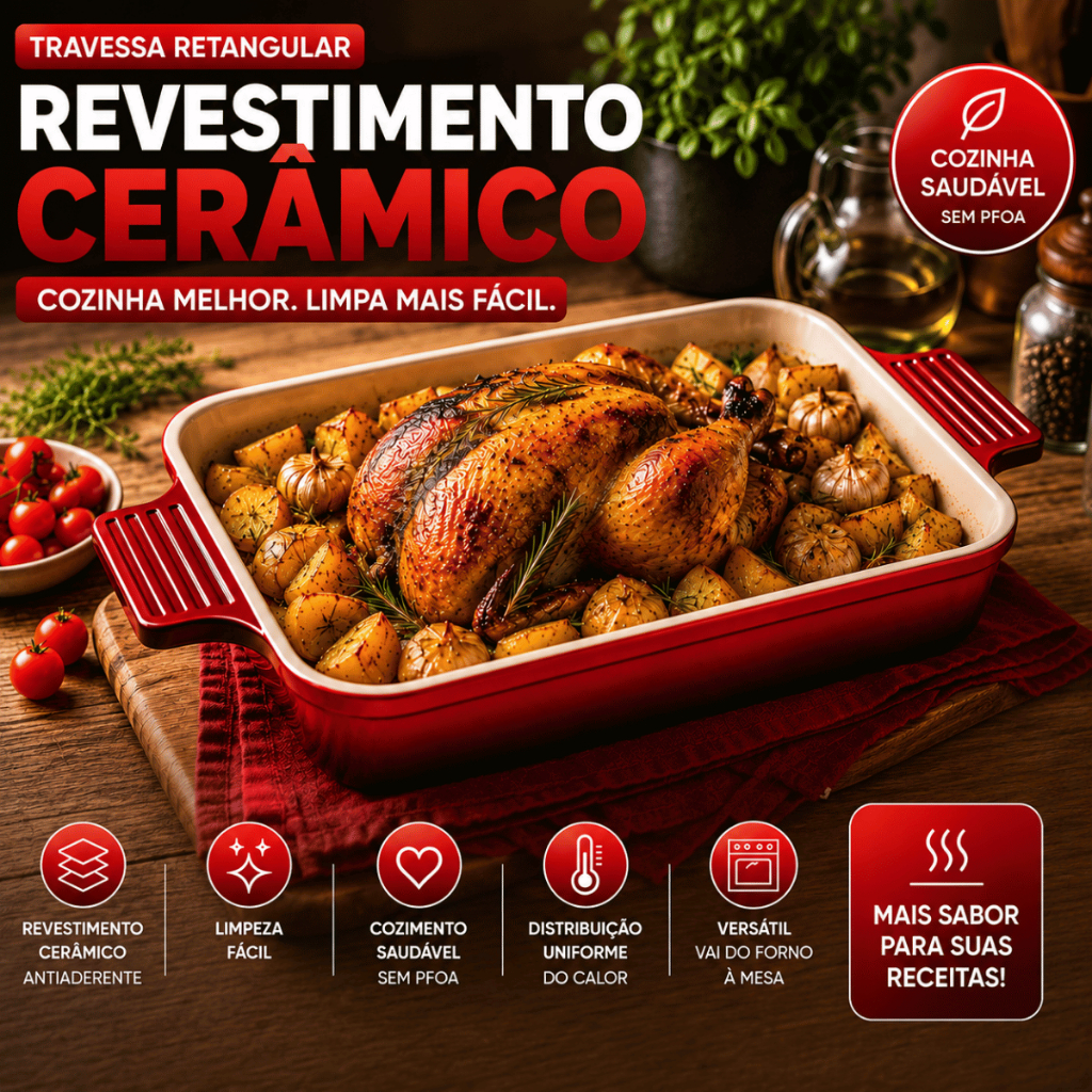 Travessa p/ Forno 2L Retangular com Revestimento Cerâmico Antiaderente e Alças 25x20cm Envio Rápido!