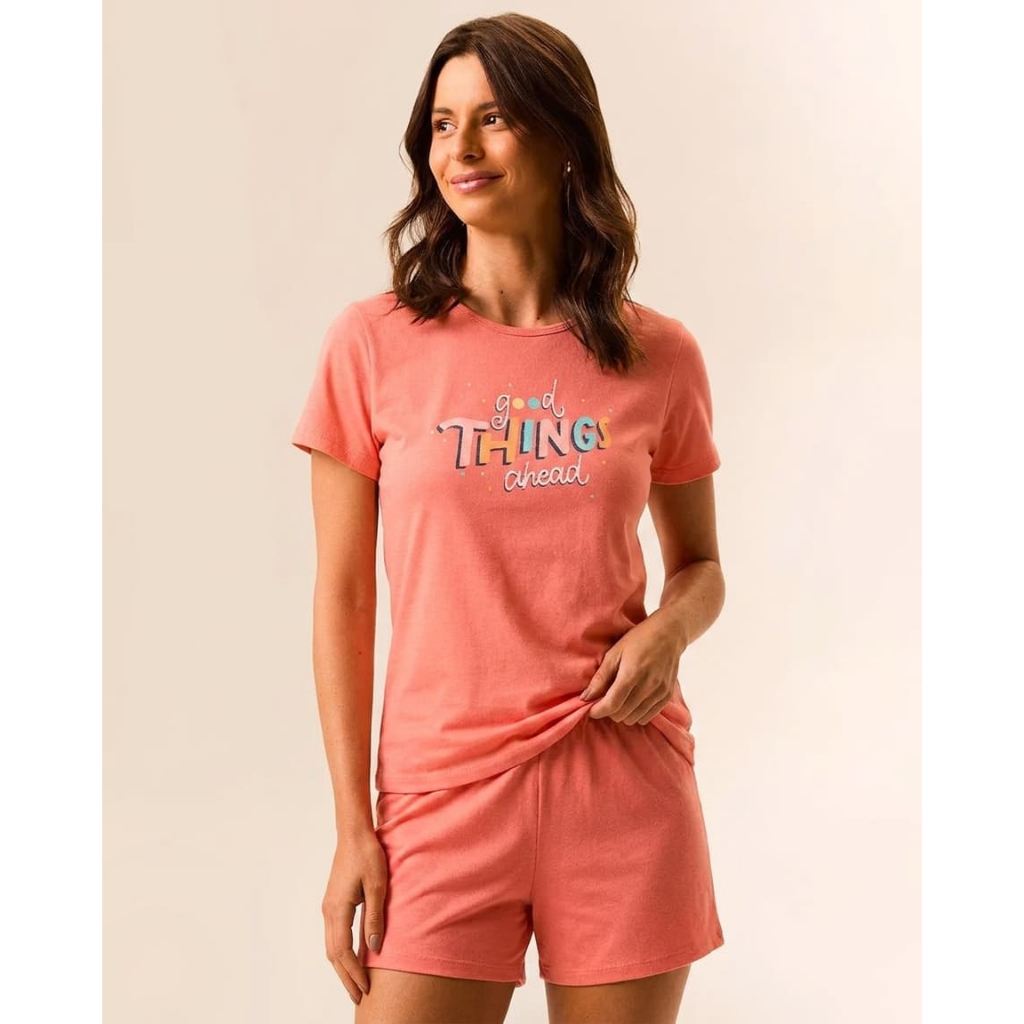 Pijama Feminino Blusa Estampa Lettering Frontal Em Malha Algodão