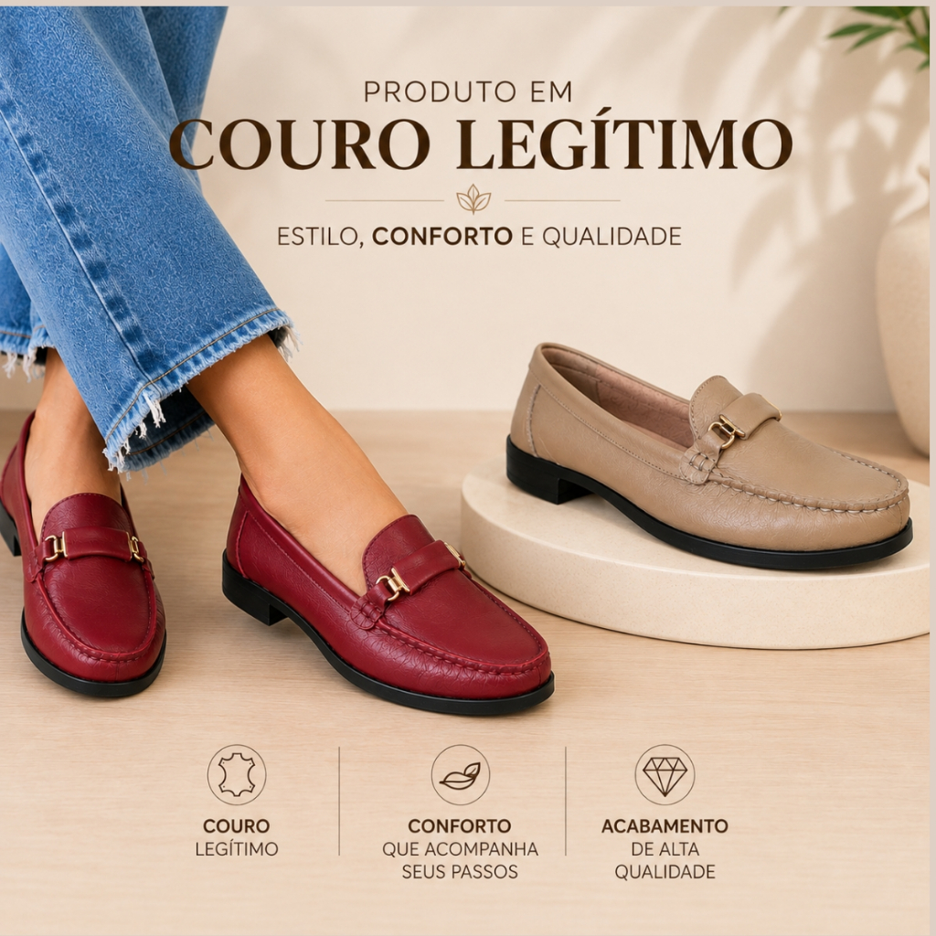 Mocassim Feminino Salto Baixo Couro Legítimo Leve Macio Creme Vermelho Elegante  Enfeite - PAOLA 03