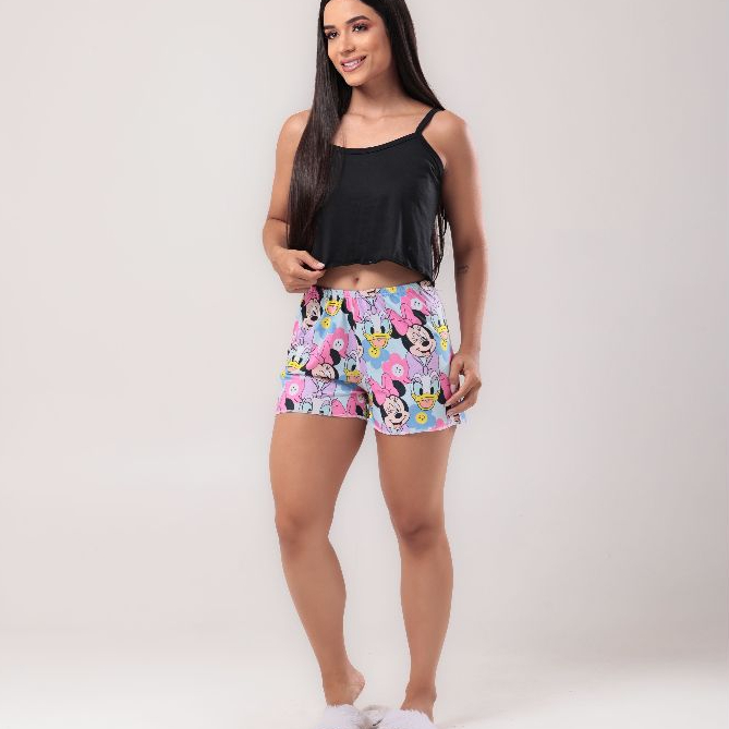 Pijama feminino blusa alcinha de cor lisa e short estampado SUEDE PREMIUM ESTAMPAS SORTIDAS