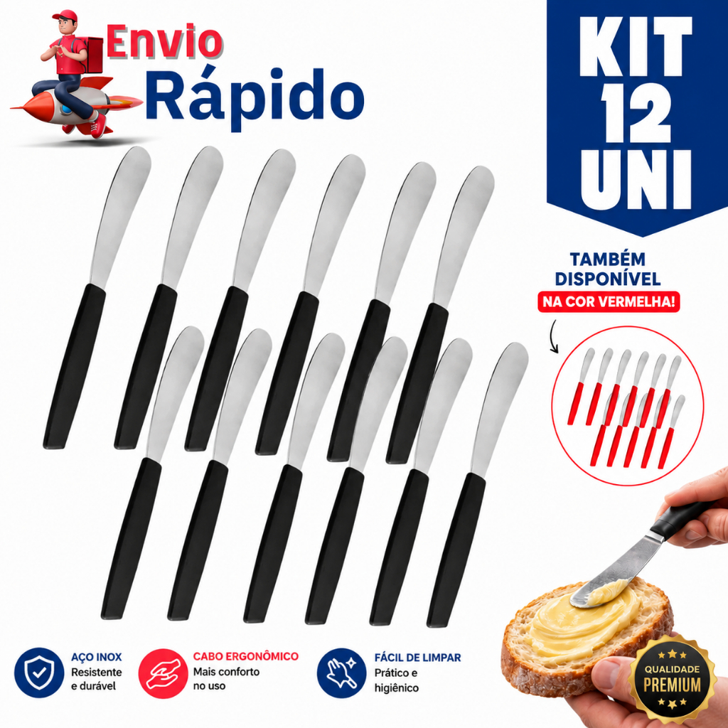 Kit 12 ou 6 Espátulas Para Manteigas Requeijão Geleias Patês Premium Inox Cabo Preto Pão Café Cozinha