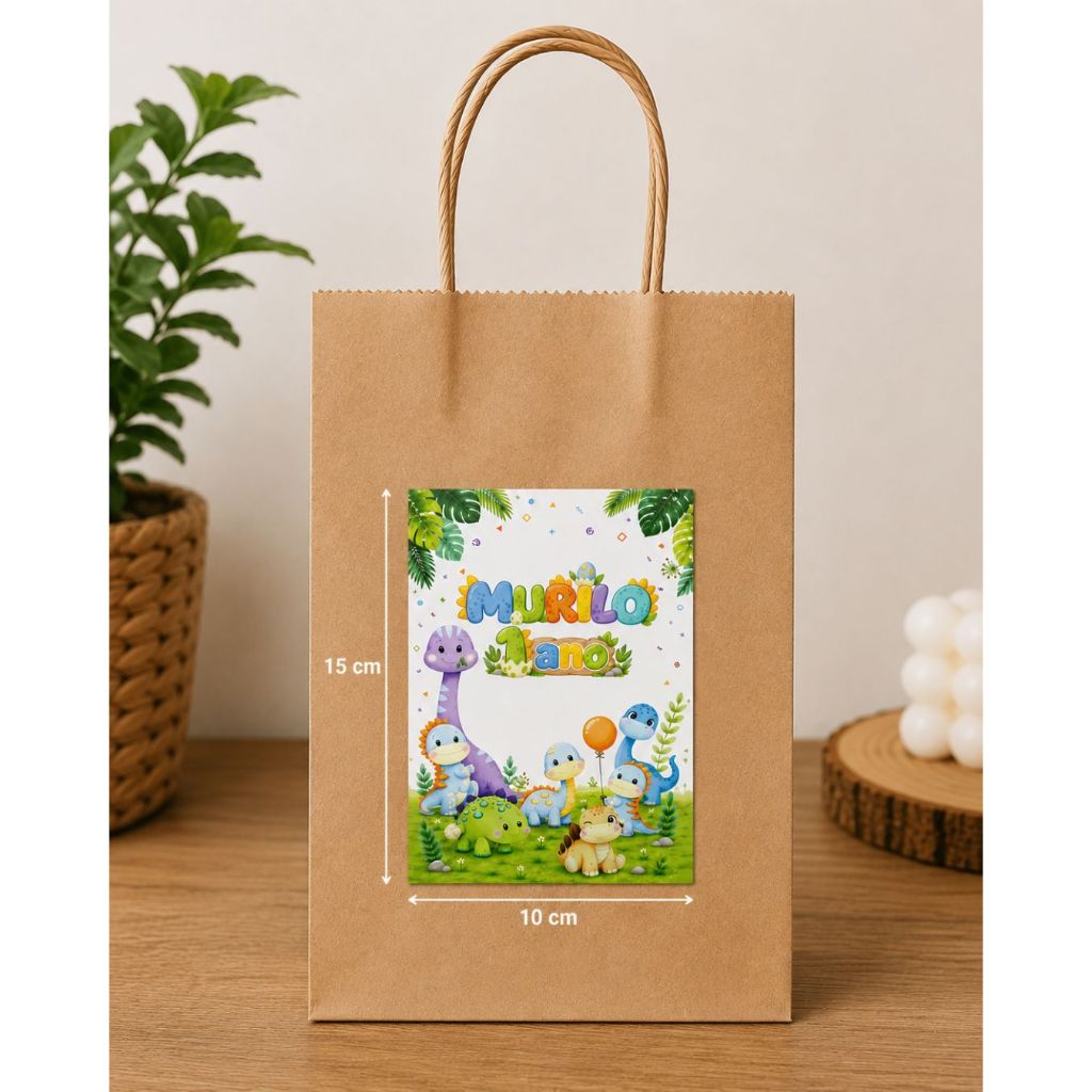 Adesivo Personalizado Dinossauro Baby 10x15cm para Sacola Kraft | Rótulo Lembrancinha Festa Infantil Aniversário