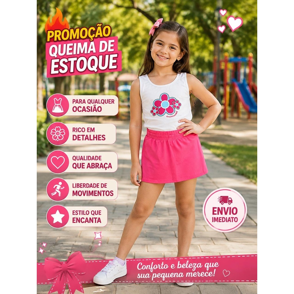 Conjunto Verão Infantil Menina short Saia  2 ao 8 pratico confortável feminino