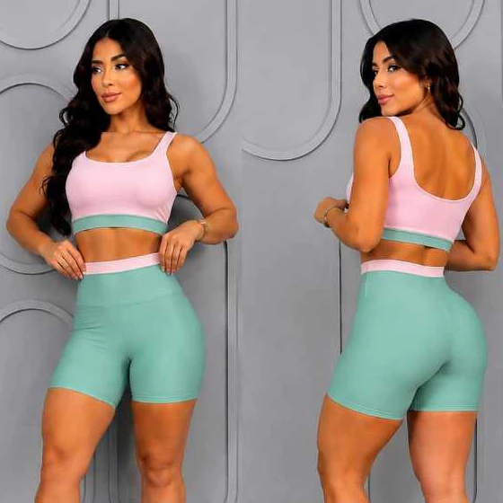 Conjunto de Short Fitness Feminino Bicolor Top Alça Larga com Bojo Removível Zero Transparência Academia Crosfit — imagem 1