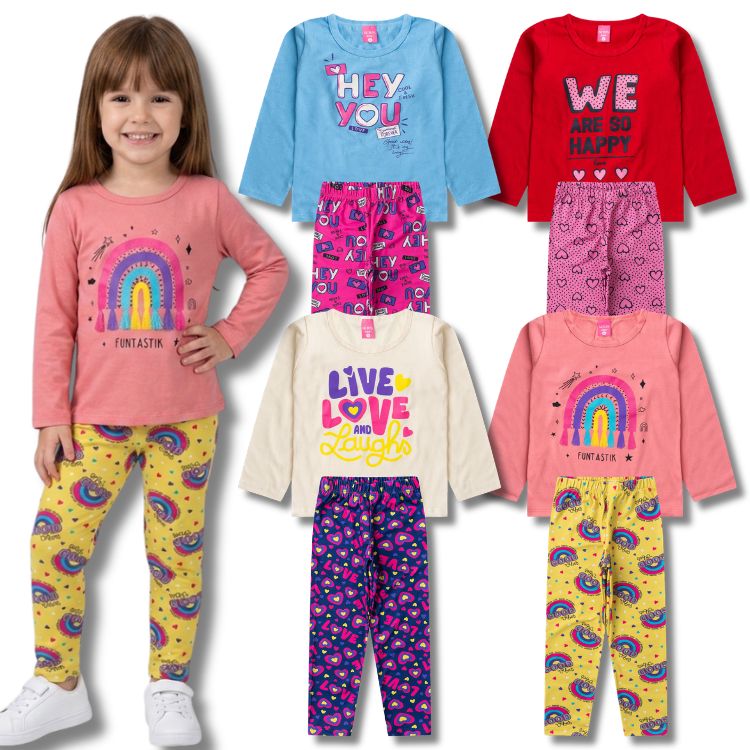 Kit Sortido Conjunto Meia Estação Coleção Feminino/Menina Infantil Blusa Manga Longa + Calça Legging