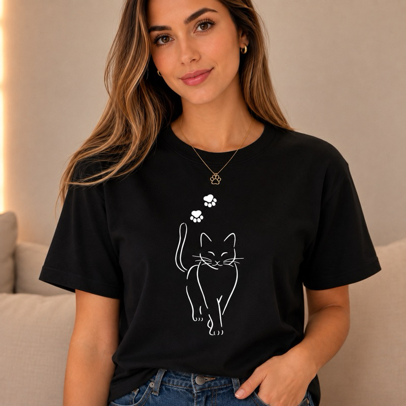 Blusinha Feminina T-Shirt 100% Algodão Estampada Gatinho Camiseta Casual Estilosa Gola Canelada Promoção Frete Grátis