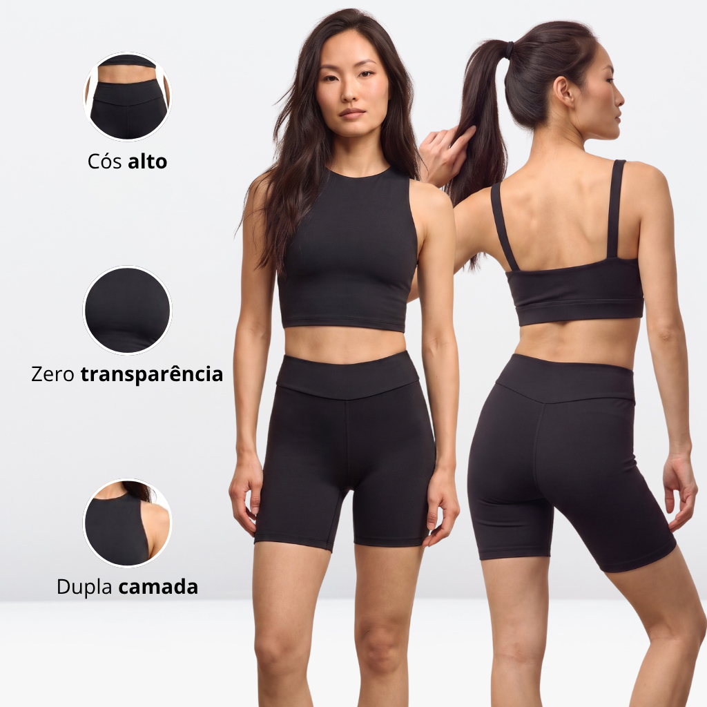 Conjunto Fitness Feminino Short e Cropped Top Cintura Alta Suplex Não Transparente Academia Treino