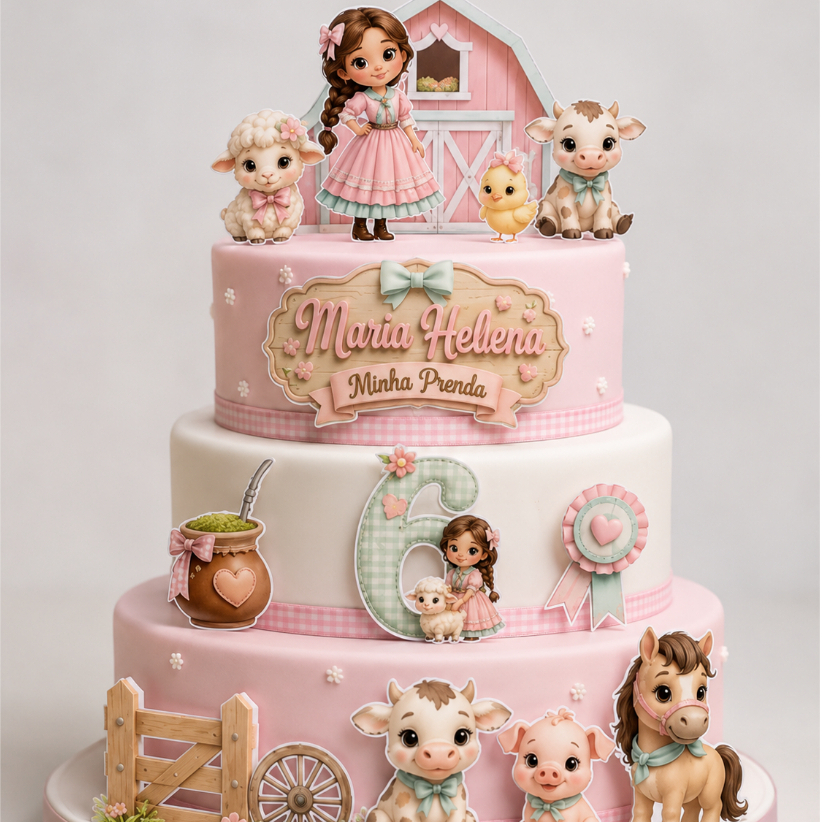Topo De Bolo Fazendinha/GAUCHA Rosa ou azul Personalizado Nome E Idade Topper Bolo Luxo Infantil Aniversário Mesversário