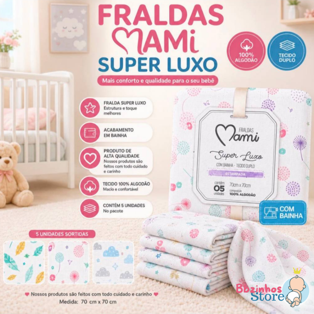 FRALDA C/ BAINHA TECIDO DUPLO SUPER LUXO 70cm x 70cm - 100% Algodão Mami 5 Unidades