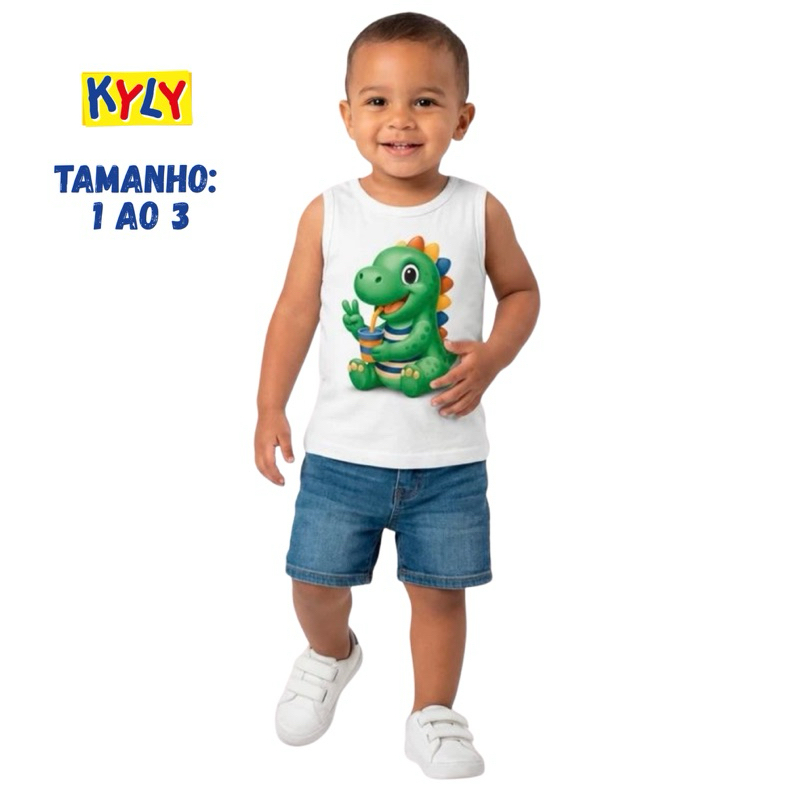 Regata Camiseta Camisa Verão Masculino Menino Bebê Dinossauro Kyly